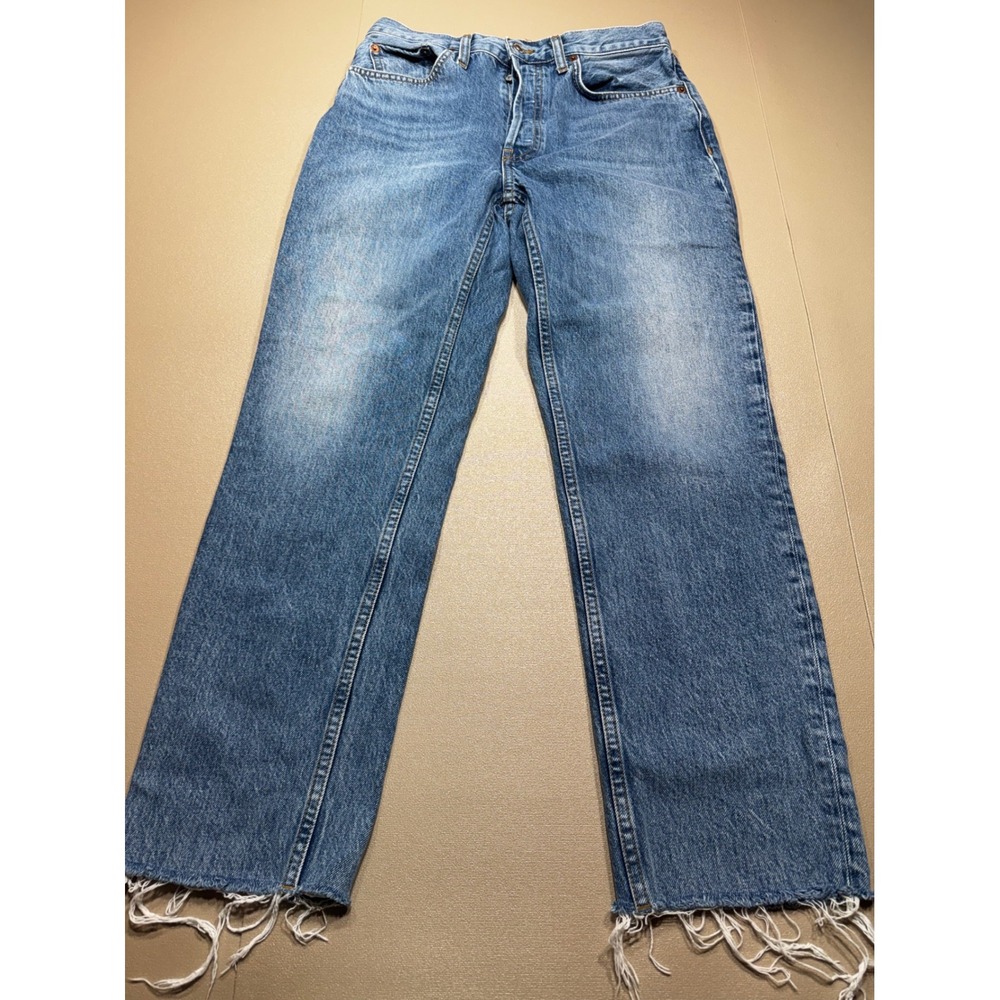RE/DONE Originals High Rise Straight Leg Jeans‎ Medium Vain Blue Raw Hem 28